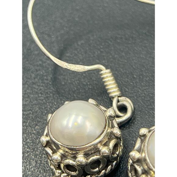 India 925 sterling Faceted Lapis Lazuli White Fresh Water Pearl Cabochon Earring - Picture 10 of 16